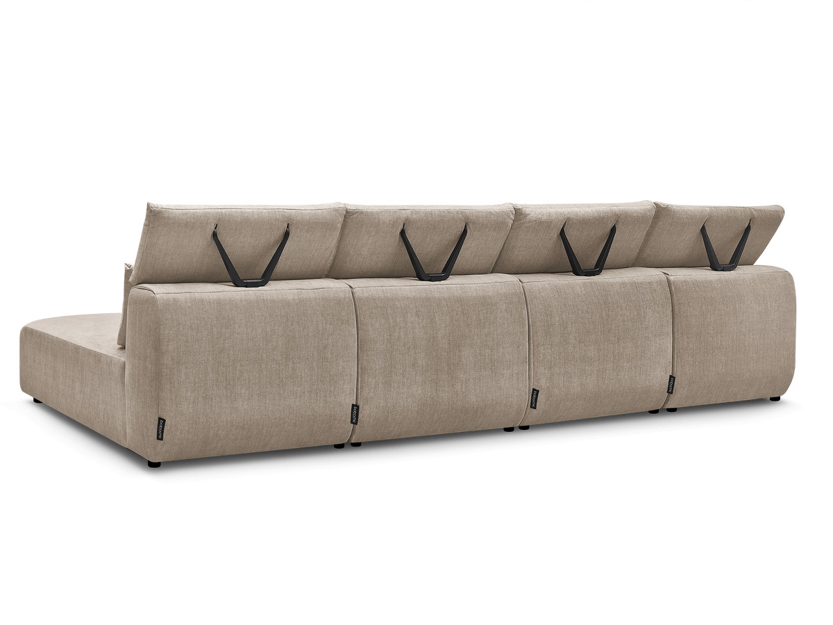 Modulaire vaste panoramabank met hoofdsteunen in JANA fluwelen stof met 2 chaise longues en 2 fauteuils