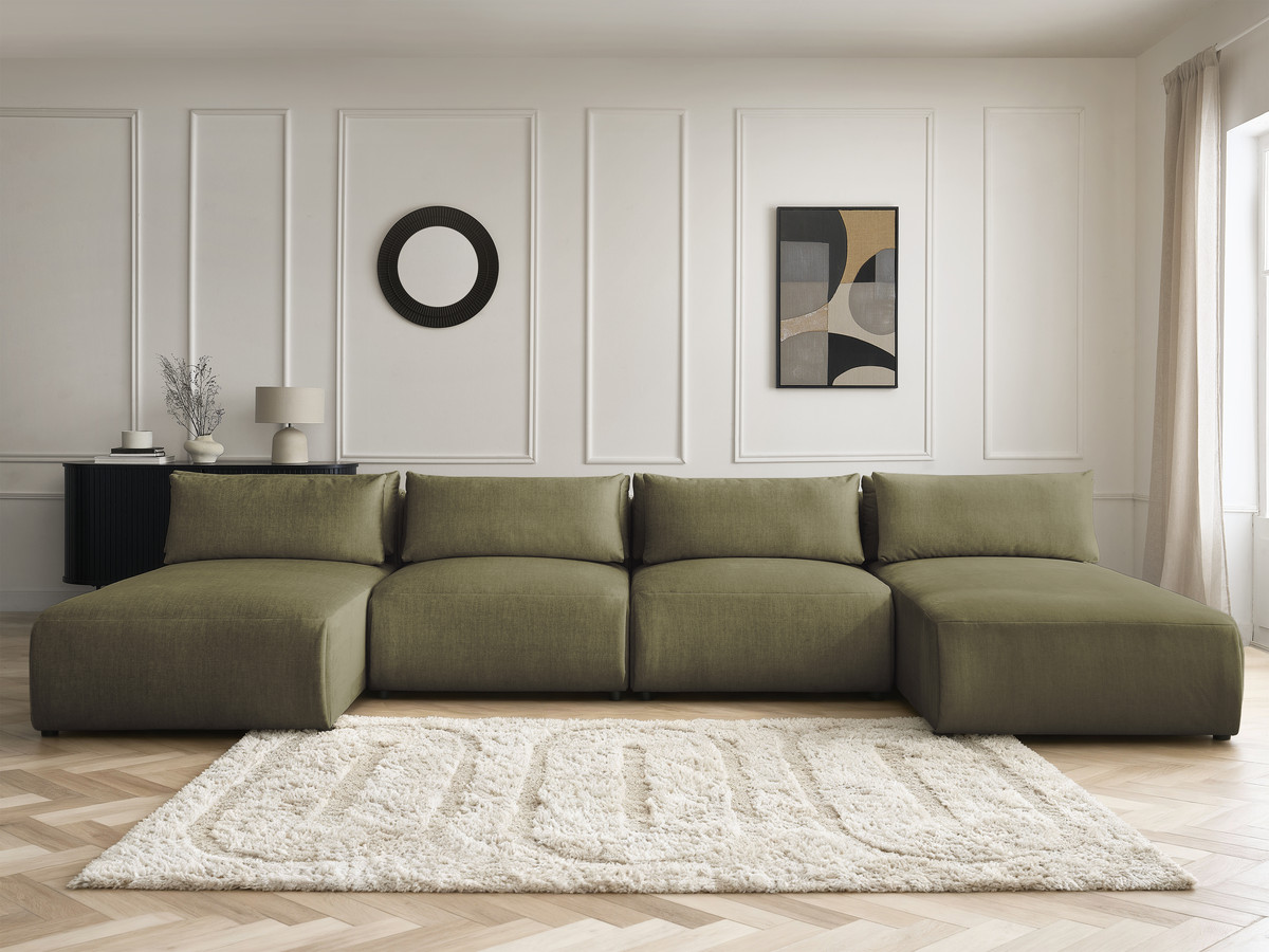 Modulaire vaste panoramabank met hoofdsteunen in JANA fluwelen stof met 2 chaise longues en 2 fauteuils