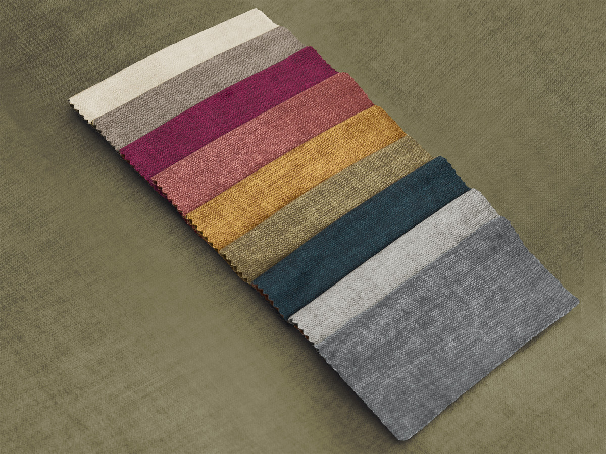 Modulaire vaste panoramabank met hoofdsteunen in JANA fluwelen stof met 2 chaise longues en 2 fauteuils