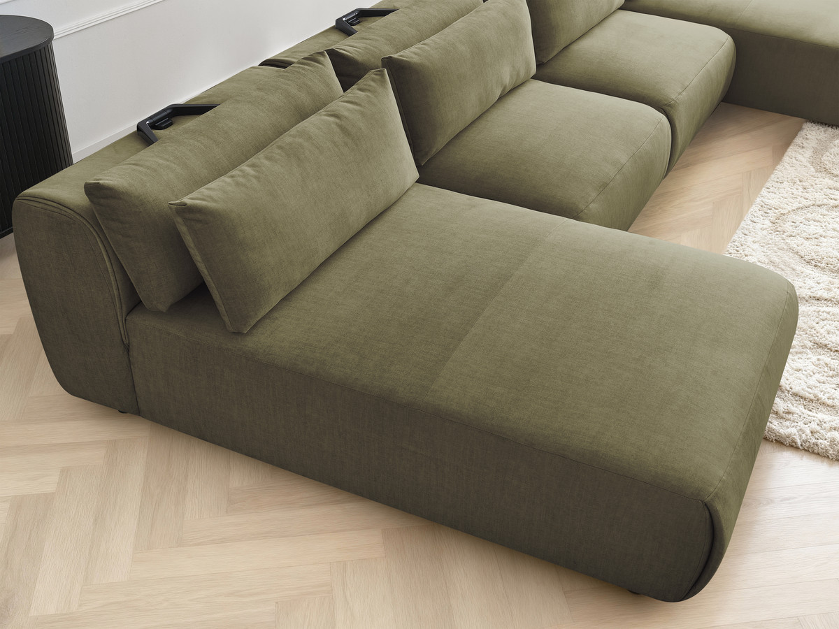 Modulaire vaste panoramabank met hoofdsteunen in JANA fluwelen stof met 2 chaise longues en 2 fauteuils