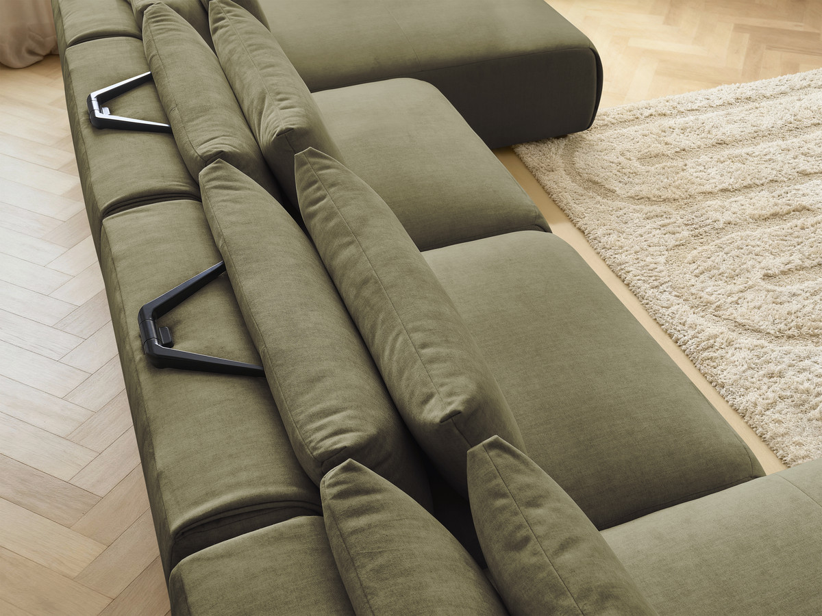 Modulaire vaste panoramabank met hoofdsteunen in JANA fluwelen stof met 2 chaise longues en 2 fauteuils