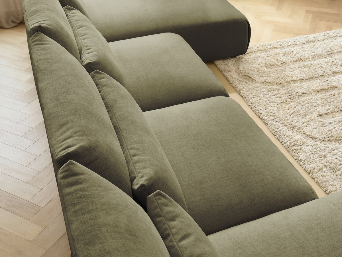 Modulaire vaste panoramabank met hoofdsteunen in JANA fluwelen stof met 2 chaise longues en 2 fauteuils