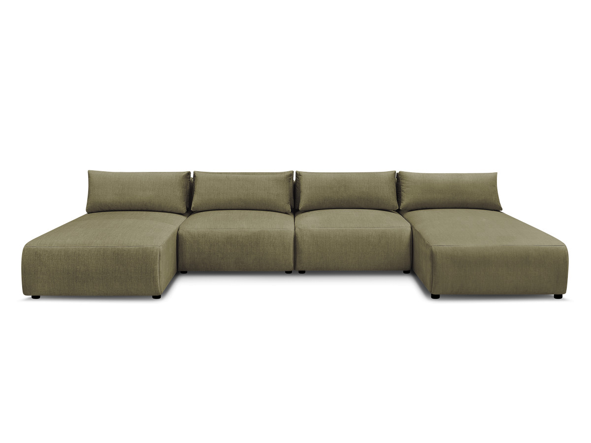 Modulaire vaste panoramabank met hoofdsteunen in JANA fluwelen stof met 2 chaise longues en 2 fauteuils