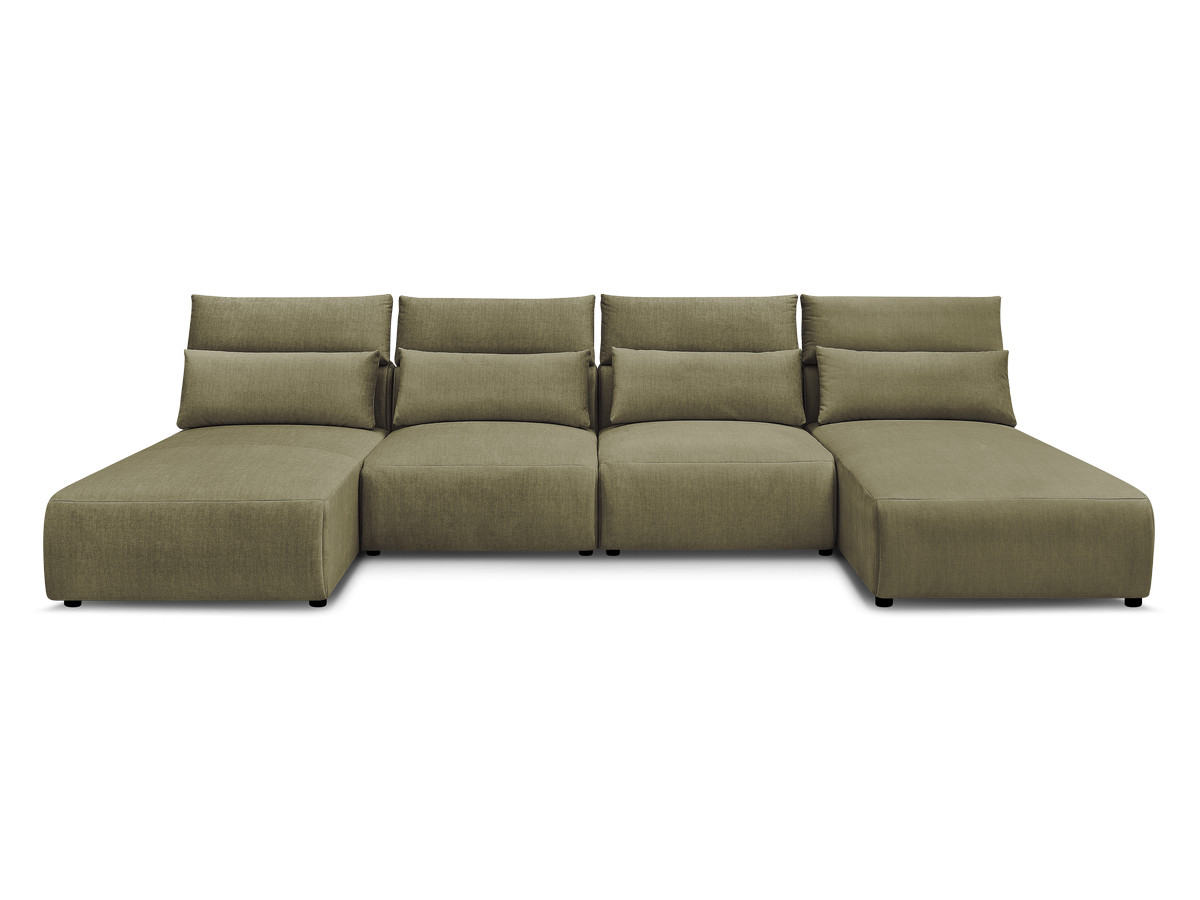 Modulaire vaste panoramabank met hoofdsteunen in JANA fluwelen stof met 2 chaise longues en 2 fauteuils