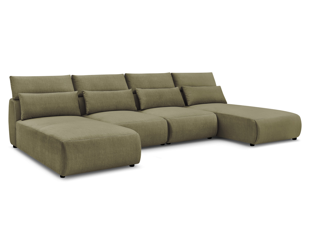 Modulaire vaste panoramabank met hoofdsteunen in JANA fluwelen stof met 2 chaise longues en 2 fauteuils