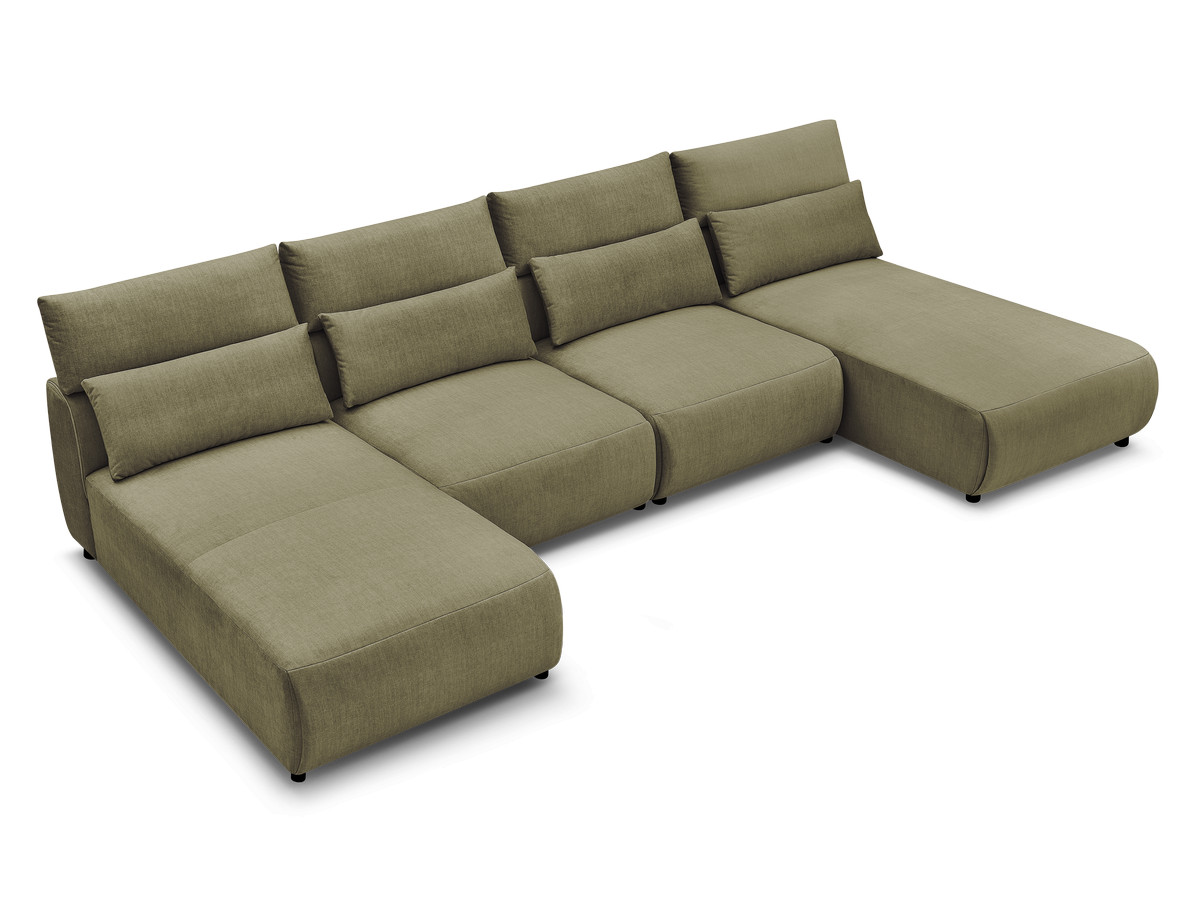 Modulaire vaste panoramabank met hoofdsteunen in JANA fluwelen stof met 2 chaise longues en 2 fauteuils