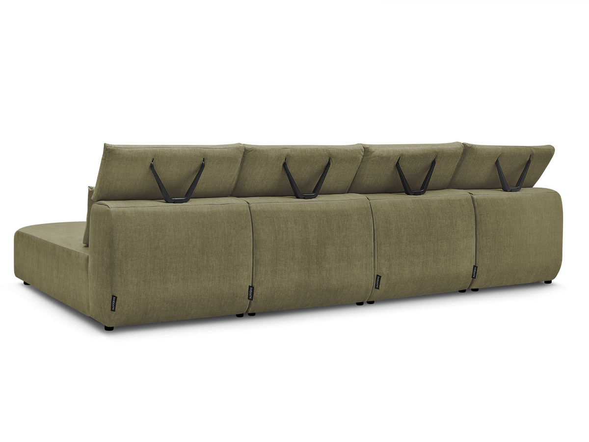 Modulaire vaste panoramabank met hoofdsteunen in JANA fluwelen stof met 2 chaise longues en 2 fauteuils