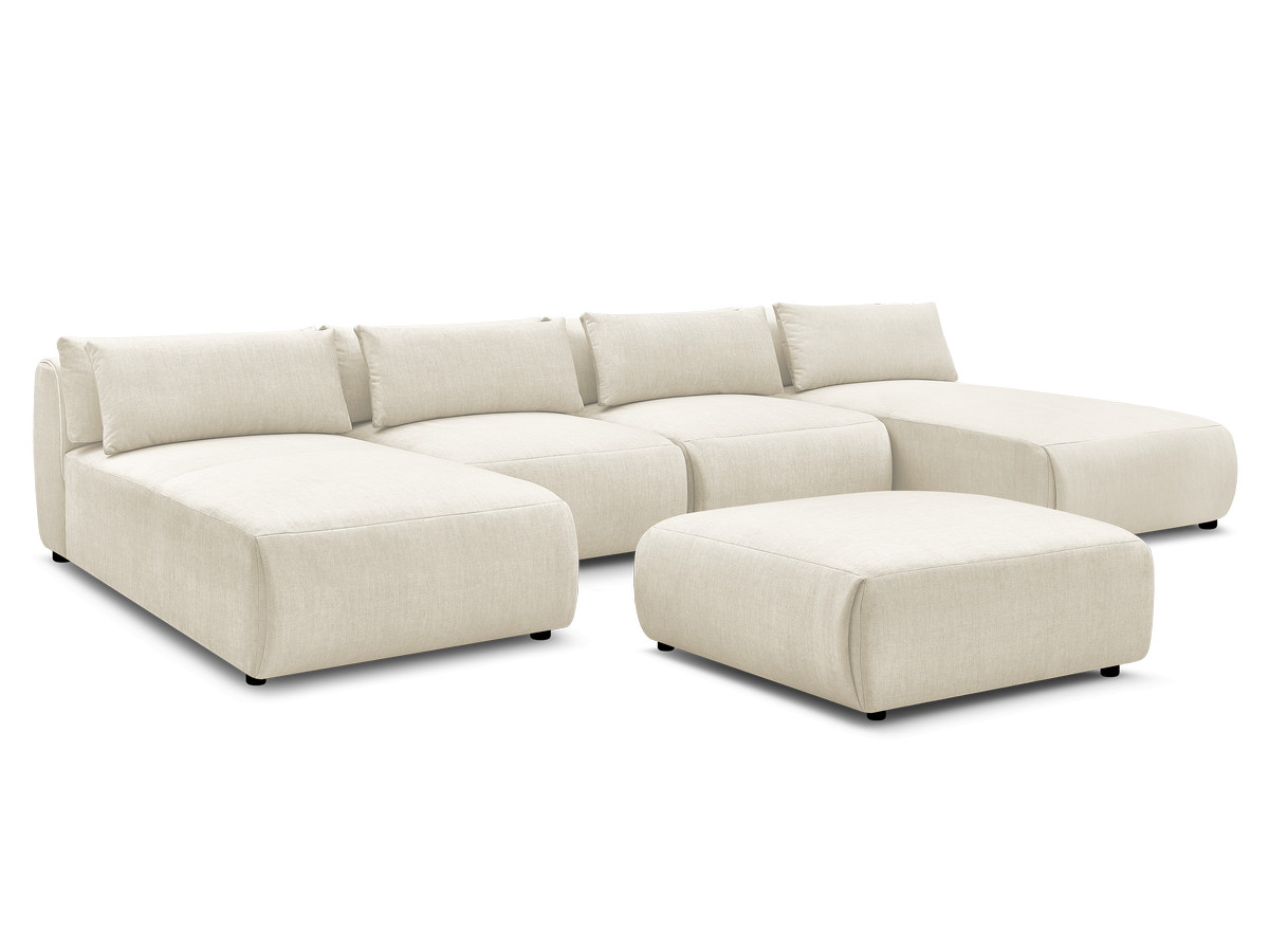 Modulaire vaste panoramabank met hoofdsteunen in JANA fluwelen stof met 2 chaise longues, 2 fauteuils en 1 grote poef