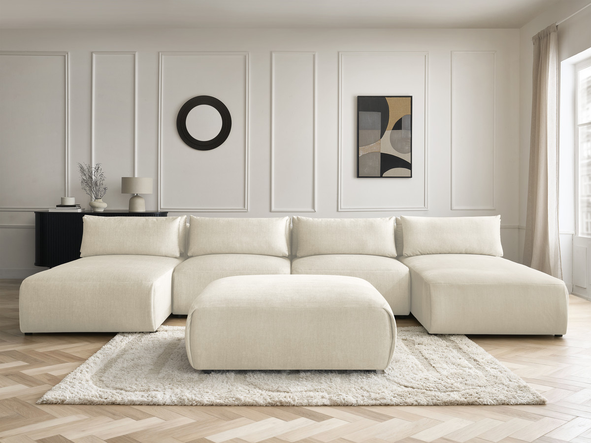 Modulaire vaste panoramabank met hoofdsteunen in JANA fluwelen stof met 2 chaise longues, 2 fauteuils en 1 grote poef