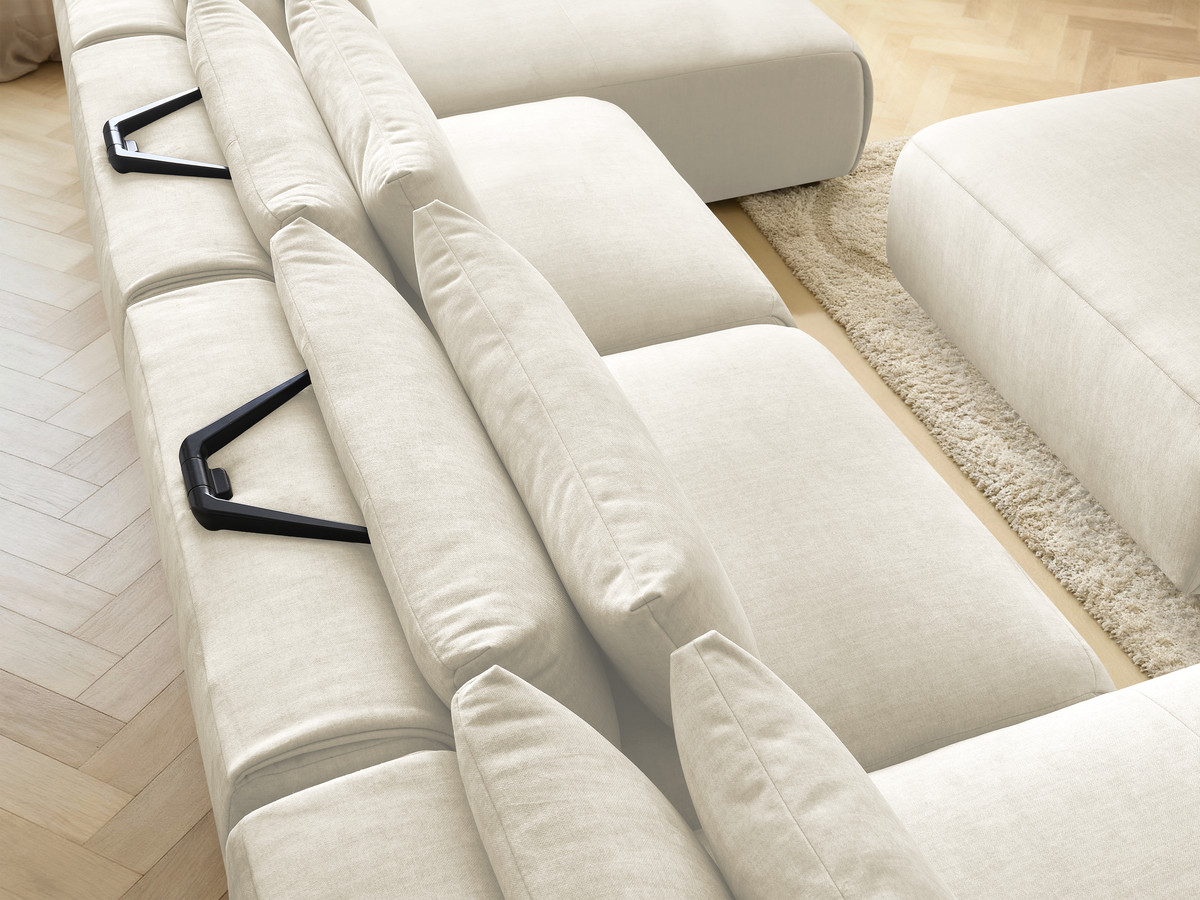 Modulaire vaste panoramabank met hoofdsteunen in JANA fluwelen stof met 2 chaise longues, 2 fauteuils en 1 grote poef