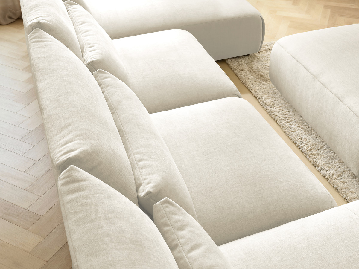 Modulaire vaste panoramabank met hoofdsteunen in JANA fluwelen stof met 2 chaise longues, 2 fauteuils en 1 grote poef