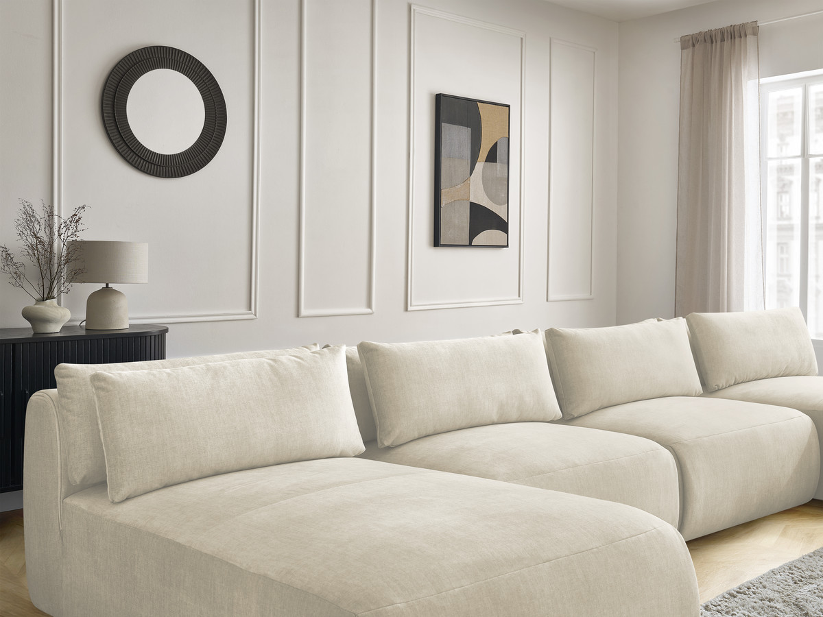 Modulaire vaste panoramabank met hoofdsteunen in JANA fluwelen stof met 2 chaise longues, 2 fauteuils en 1 grote poef