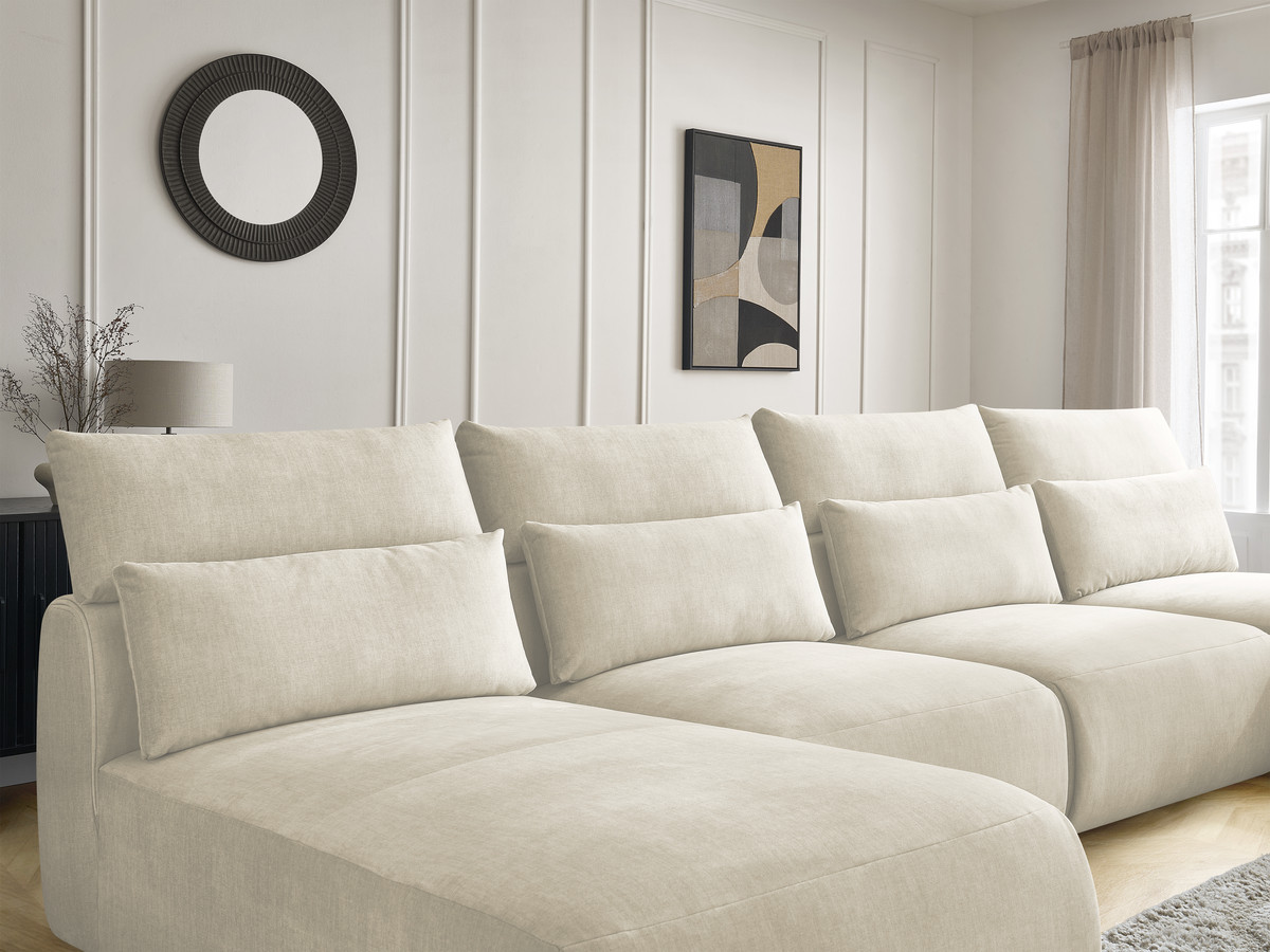 Modulaire vaste panoramabank met hoofdsteunen in JANA fluwelen stof met 2 chaise longues, 2 fauteuils en 1 grote poef