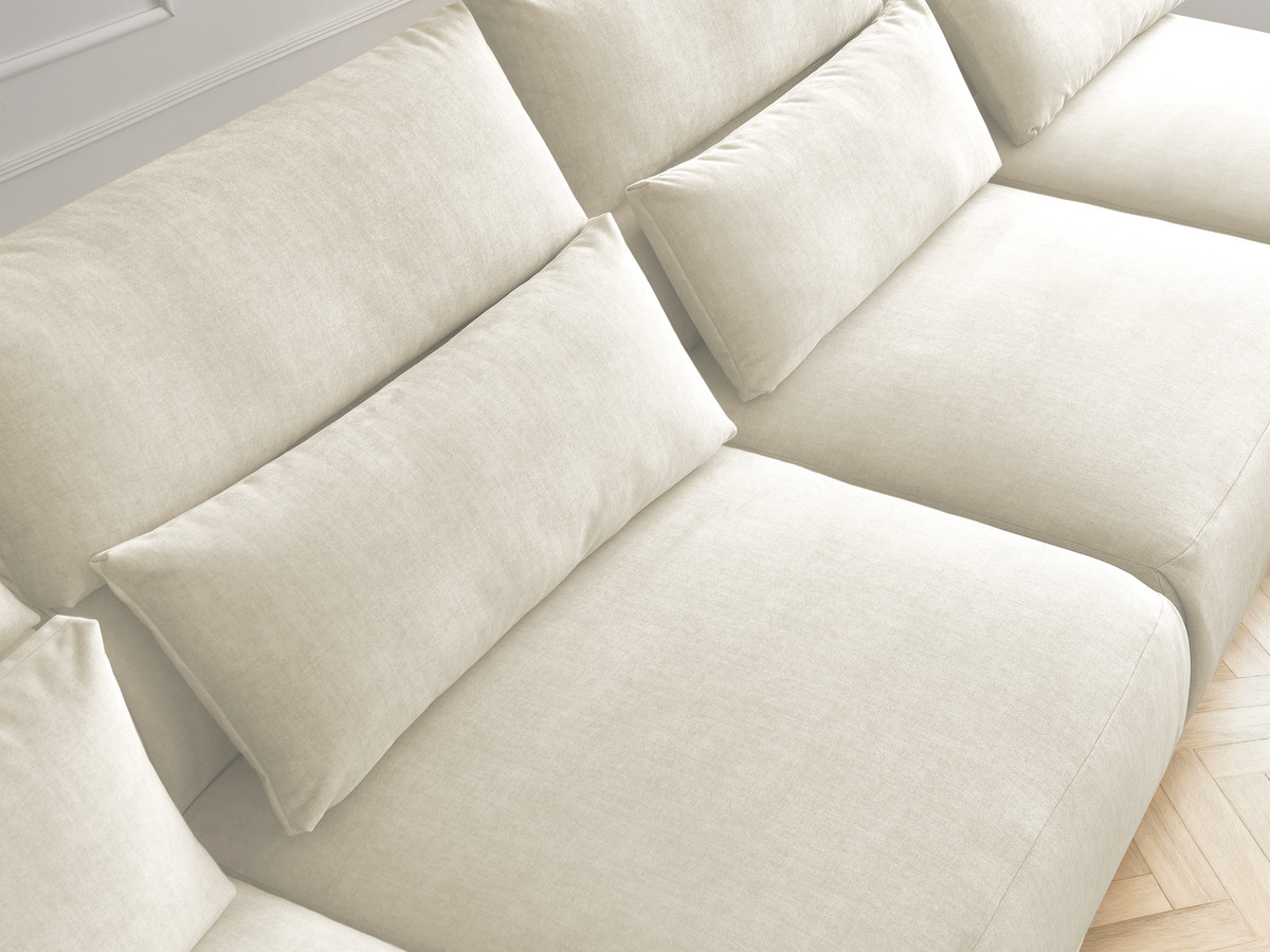 Modulaire vaste panoramabank met hoofdsteunen in JANA fluwelen stof met 2 chaise longues, 2 fauteuils en 1 grote poef