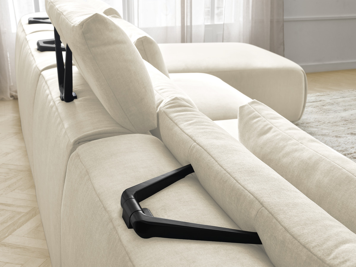 Modulaire vaste panoramabank met hoofdsteunen in JANA fluwelen stof met 2 chaise longues, 2 fauteuils en 1 grote poef