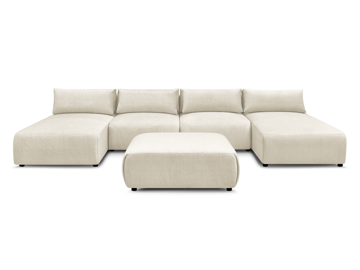 Modulaire vaste panoramabank met hoofdsteunen in JANA fluwelen stof met 2 chaise longues, 2 fauteuils en 1 grote poef