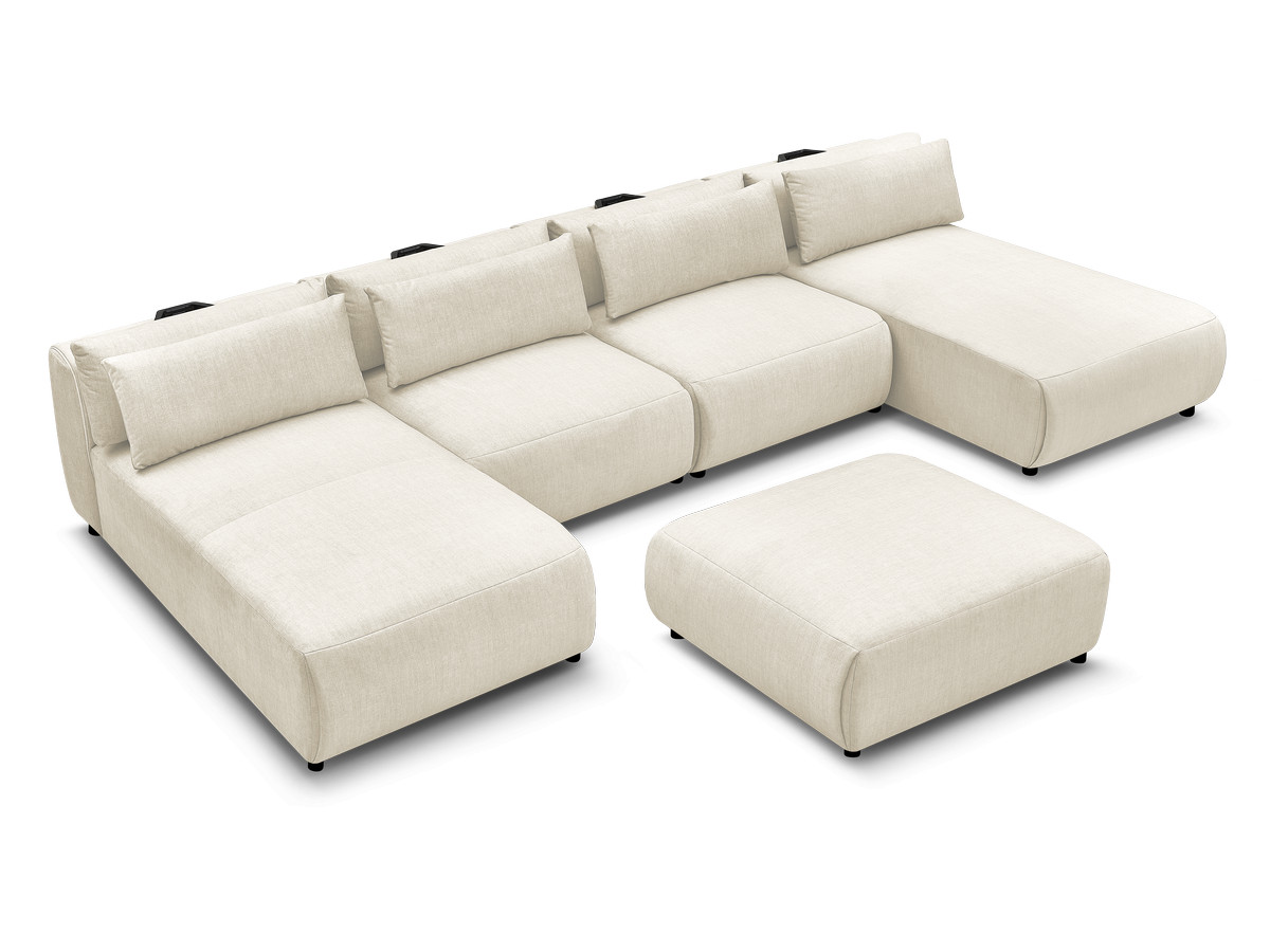 Modulaire vaste panoramabank met hoofdsteunen in JANA fluwelen stof met 2 chaise longues, 2 fauteuils en 1 grote poef