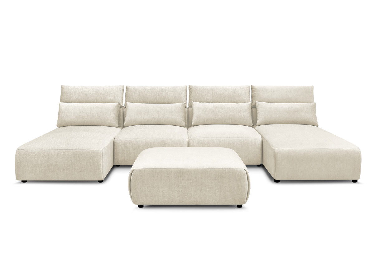 Modulaire vaste panoramabank met hoofdsteunen in JANA fluwelen stof met 2 chaise longues, 2 fauteuils en 1 grote poef