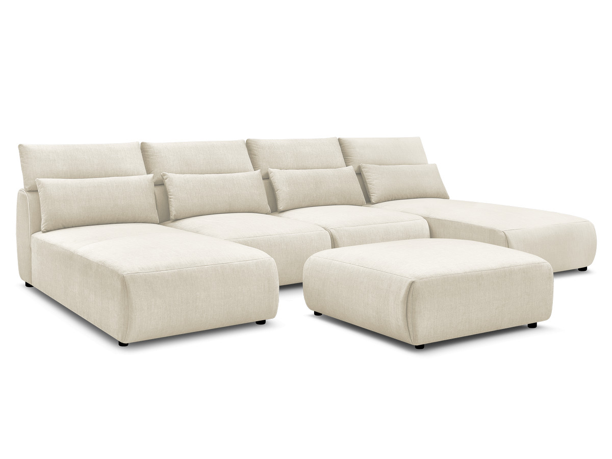 Modulaire vaste panoramabank met hoofdsteunen in JANA fluwelen stof met 2 chaise longues, 2 fauteuils en 1 grote poef