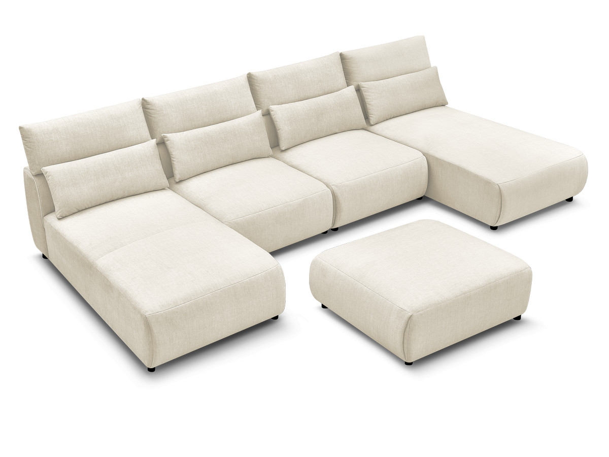 Modulaire vaste panoramabank met hoofdsteunen in JANA fluwelen stof met 2 chaise longues, 2 fauteuils en 1 grote poef