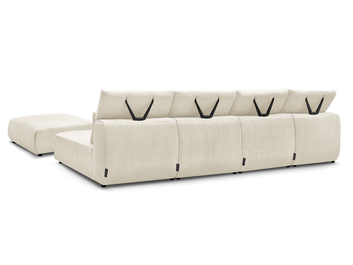 Modulaire vaste panoramabank met hoofdsteunen in JANA fluwelen stof met 2 chaise longues, 2 fauteuils en 1 grote poef