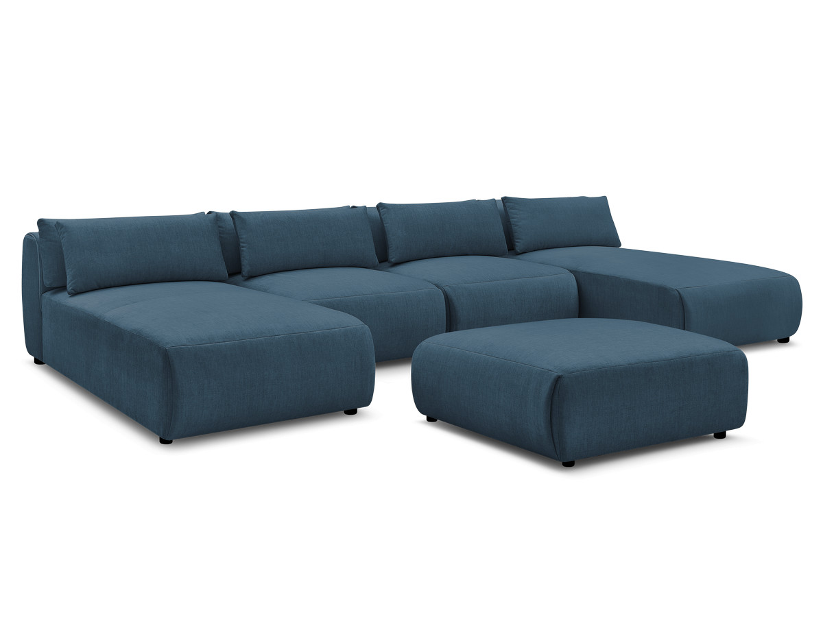 modulaire vaste panoramabank met hoofdsteunen in jana fluwelen stof met 2 chaise longues, 2 fauteuils en 1 grote poef gekleurd blauw