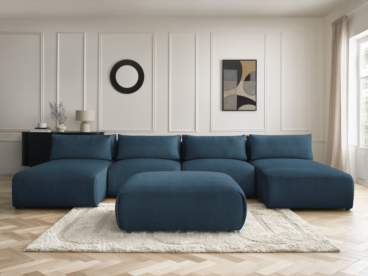 Modulaire vaste panoramabank met hoofdsteunen in JANA fluwelen stof met 2 chaise longues, 2 fauteuils en 1 grote poef