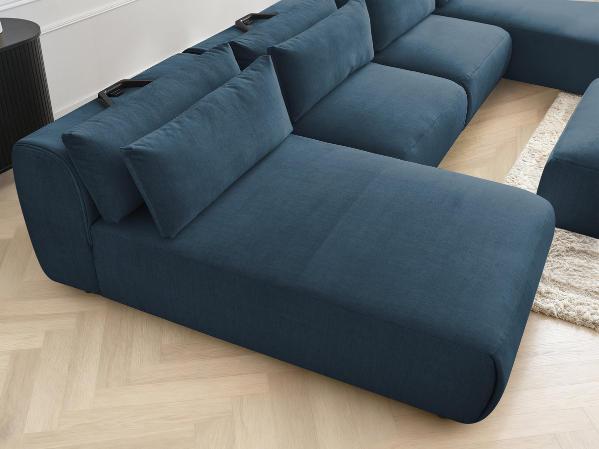 Modulaire vaste panoramabank met hoofdsteunen in JANA fluwelen stof met 2 chaise longues, 2 fauteuils en 1 grote poef