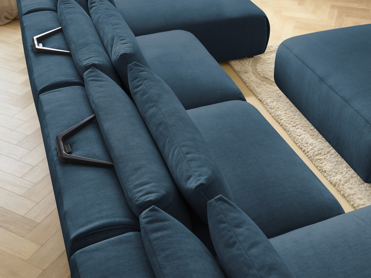 Modulaire vaste panoramabank met hoofdsteunen in JANA fluwelen stof met 2 chaise longues, 2 fauteuils en 1 grote poef