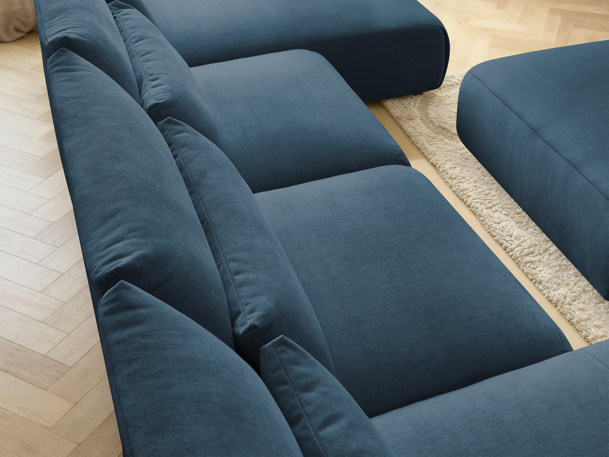 Modulaire vaste panoramabank met hoofdsteunen in JANA fluwelen stof met 2 chaise longues, 2 fauteuils en 1 grote poef