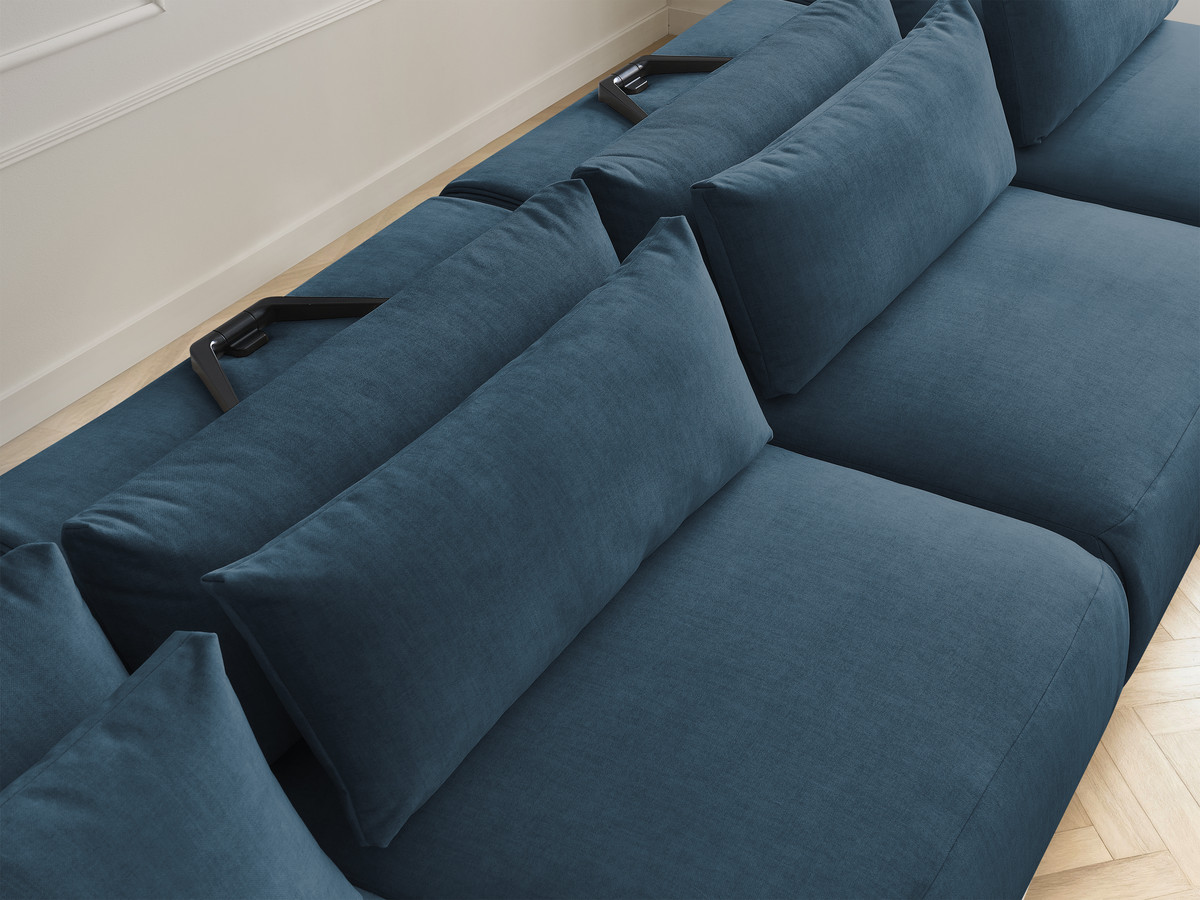 Modulaire vaste panoramabank met hoofdsteunen in JANA fluwelen stof met 2 chaise longues, 2 fauteuils en 1 grote poef