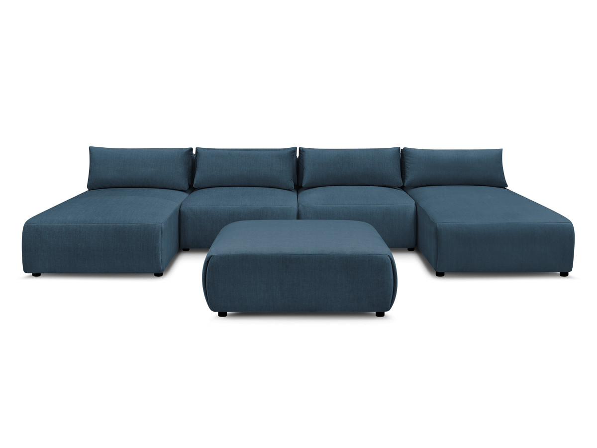 Modulaire vaste panoramabank met hoofdsteunen in JANA fluwelen stof met 2 chaise longues, 2 fauteuils en 1 grote poef