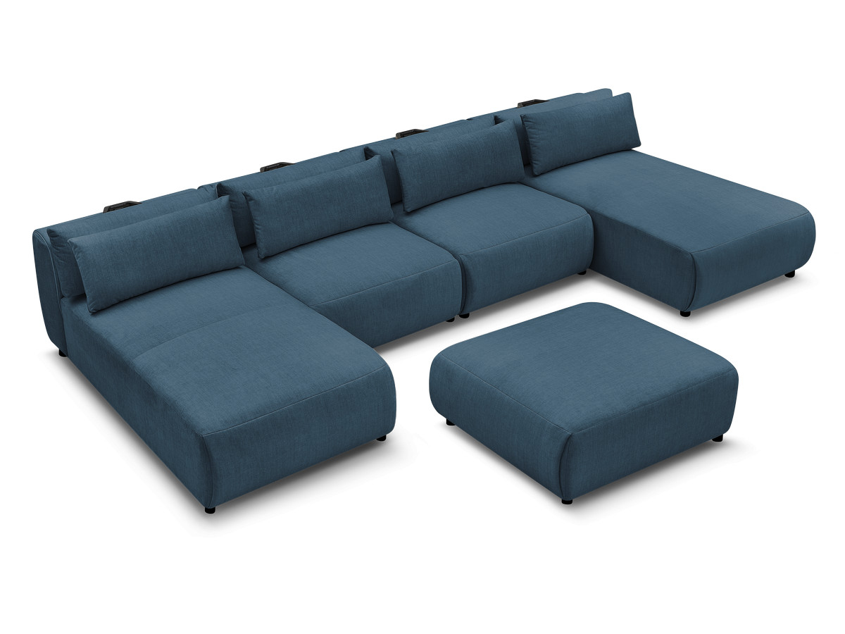 Modulaire vaste panoramabank met hoofdsteunen in JANA fluwelen stof met 2 chaise longues, 2 fauteuils en 1 grote poef