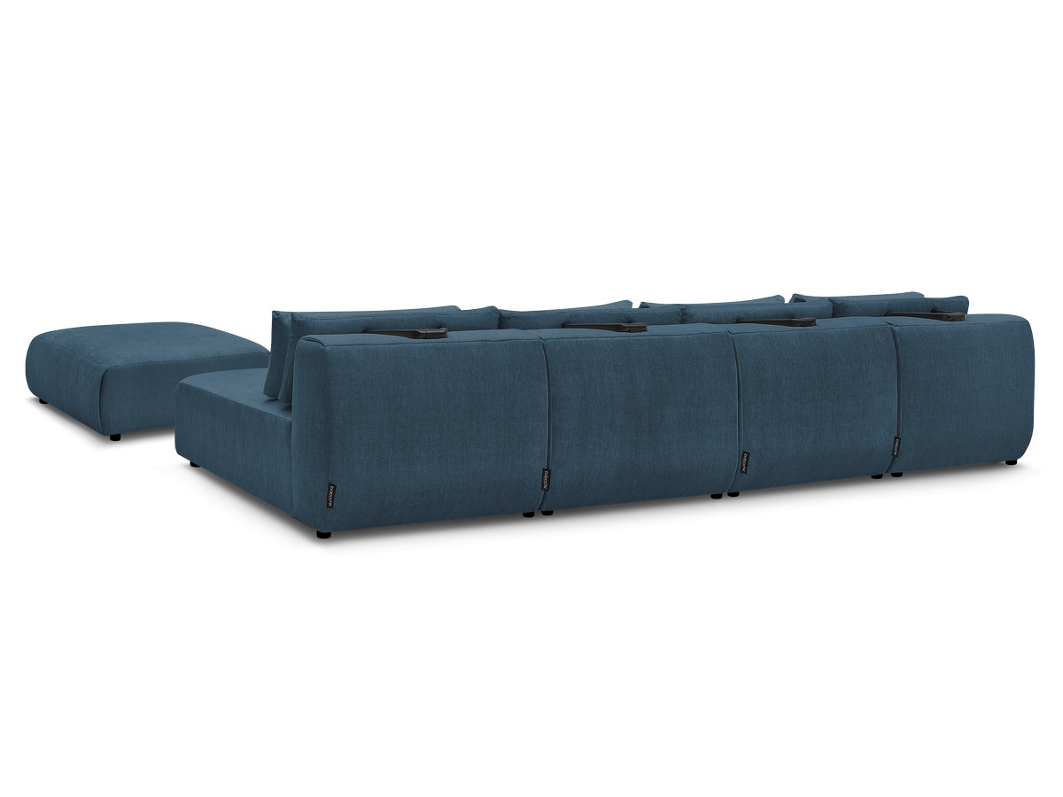 Modulaire vaste panoramabank met hoofdsteunen in JANA fluwelen stof met 2 chaise longues, 2 fauteuils en 1 grote poef