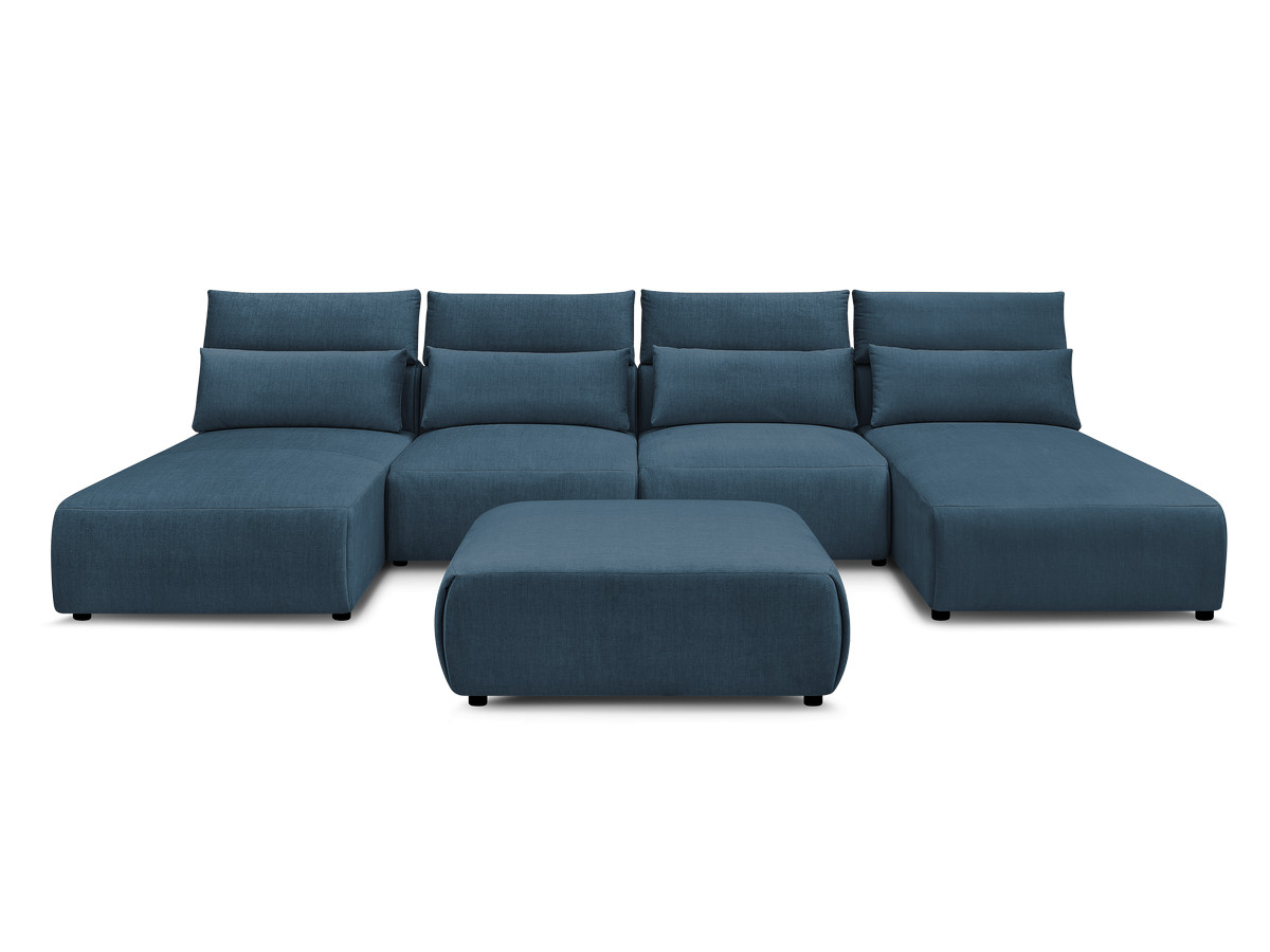 Modulaire vaste panoramabank met hoofdsteunen in JANA fluwelen stof met 2 chaise longues, 2 fauteuils en 1 grote poef