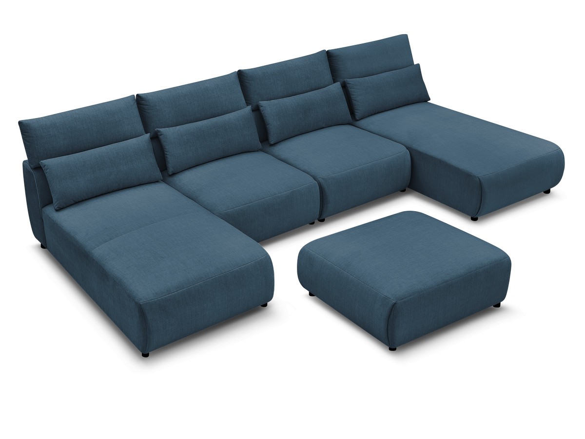 Modulaire vaste panoramabank met hoofdsteunen in JANA fluwelen stof met 2 chaise longues, 2 fauteuils en 1 grote poef