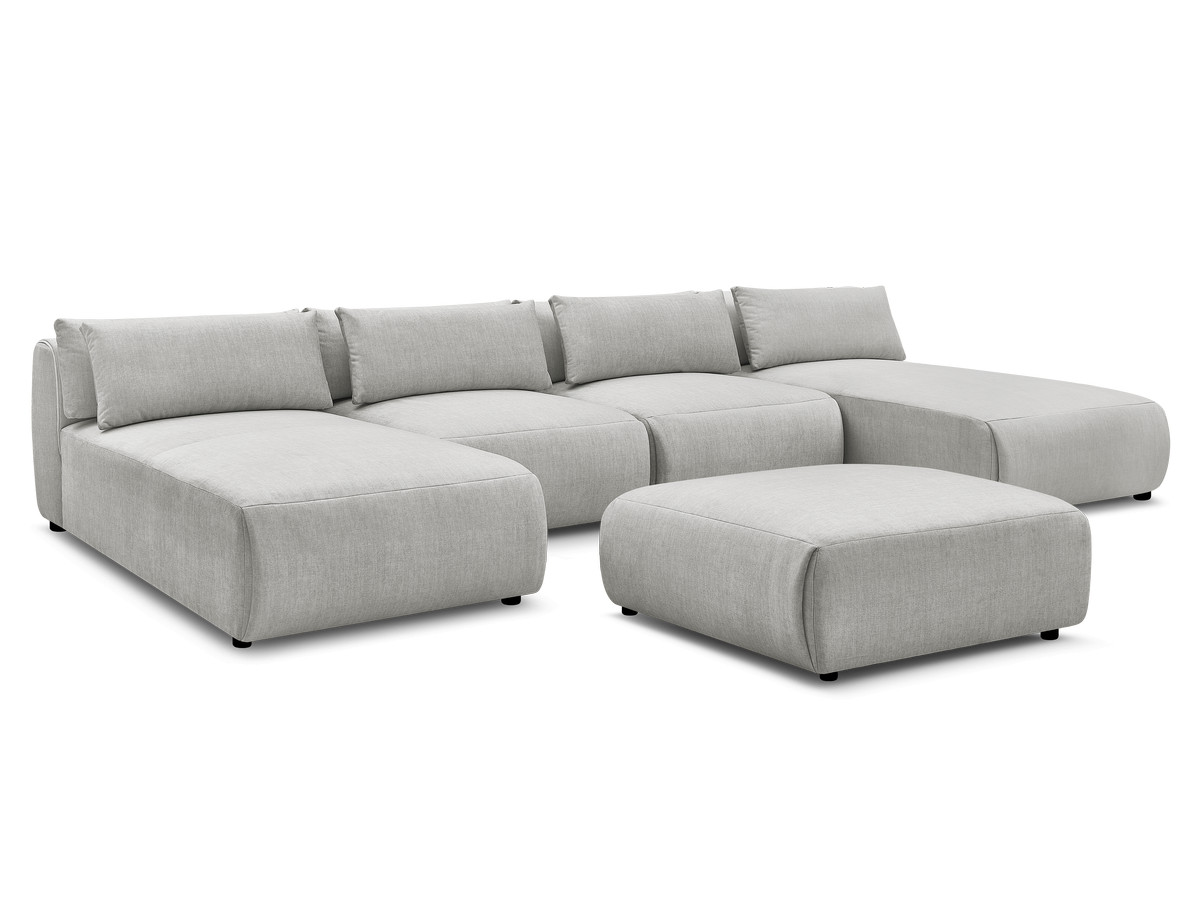 Modulaire vaste panoramabank met hoofdsteunen in JANA fluwelen stof met 2 chaise longues, 2 fauteuils en 1 grote poef