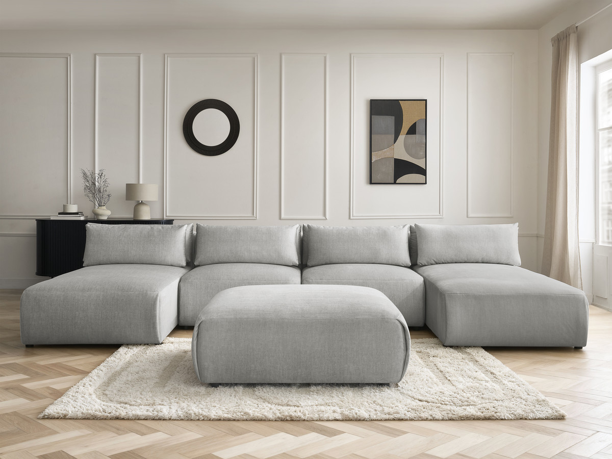 Modulaire vaste panoramabank met hoofdsteunen in JANA fluwelen stof met 2 chaise longues, 2 fauteuils en 1 grote poef