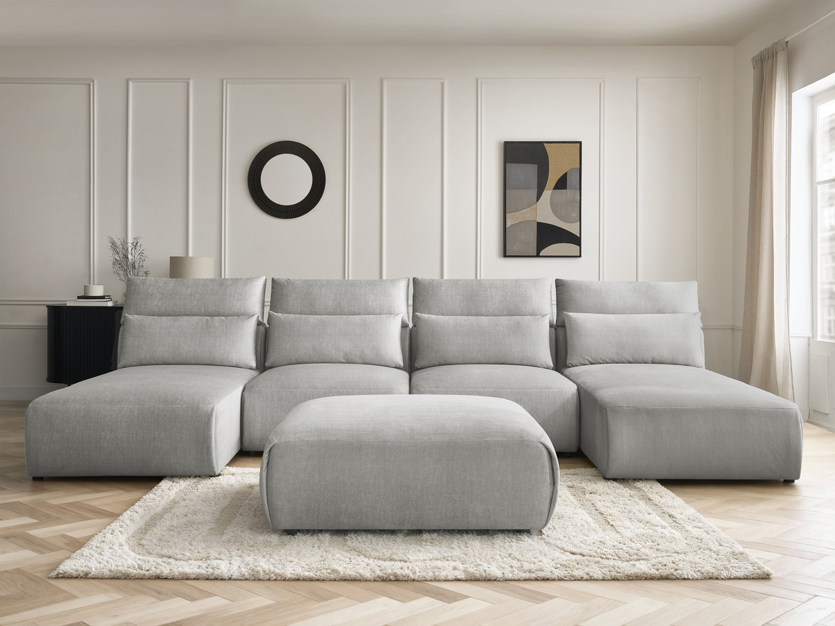 Canapé panoramique modulable avec têtières JANA velours gris clair — vue 5