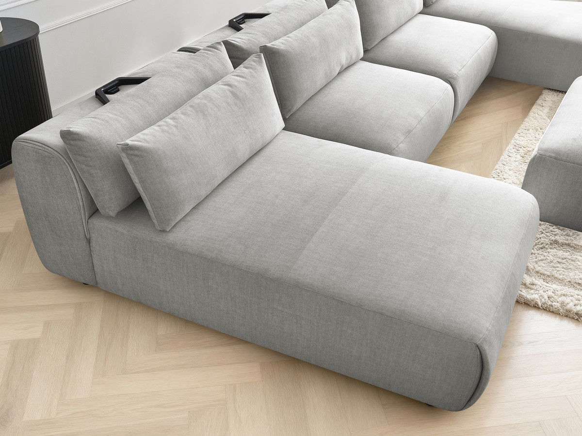 Modulaire vaste panoramabank met hoofdsteunen in JANA fluwelen stof met 2 chaise longues, 2 fauteuils en 1 grote poef