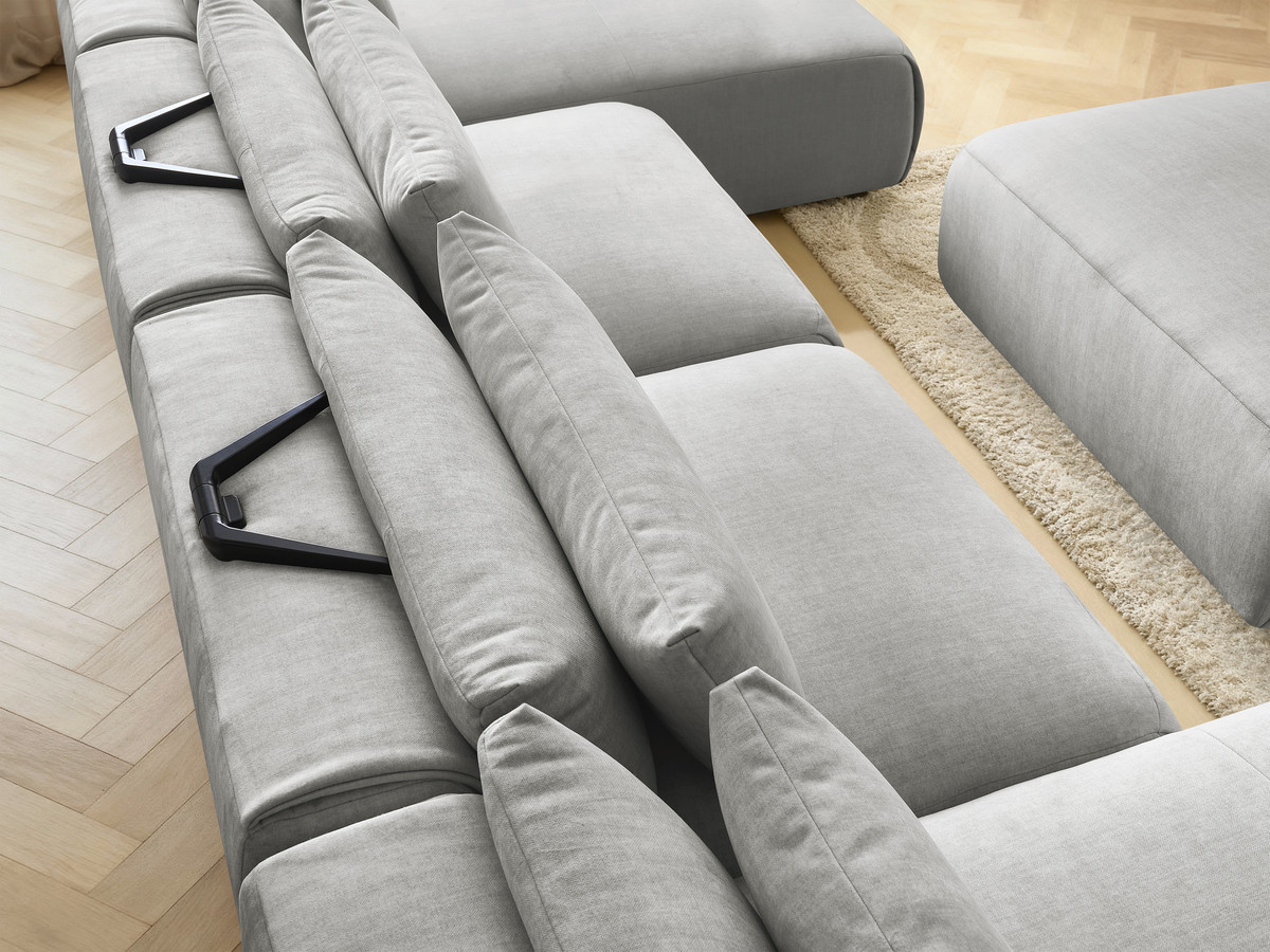 Modulaire vaste panoramabank met hoofdsteunen in JANA fluwelen stof met 2 chaise longues, 2 fauteuils en 1 grote poef