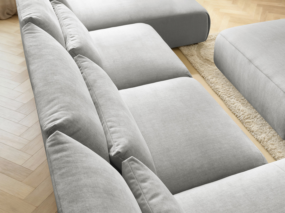 Modulaire vaste panoramabank met hoofdsteunen in JANA fluwelen stof met 2 chaise longues, 2 fauteuils en 1 grote poef