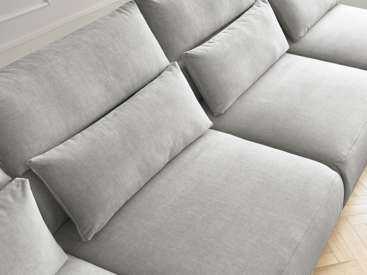 Modulaire vaste panoramabank met hoofdsteunen in JANA fluwelen stof met 2 chaise longues, 2 fauteuils en 1 grote poef