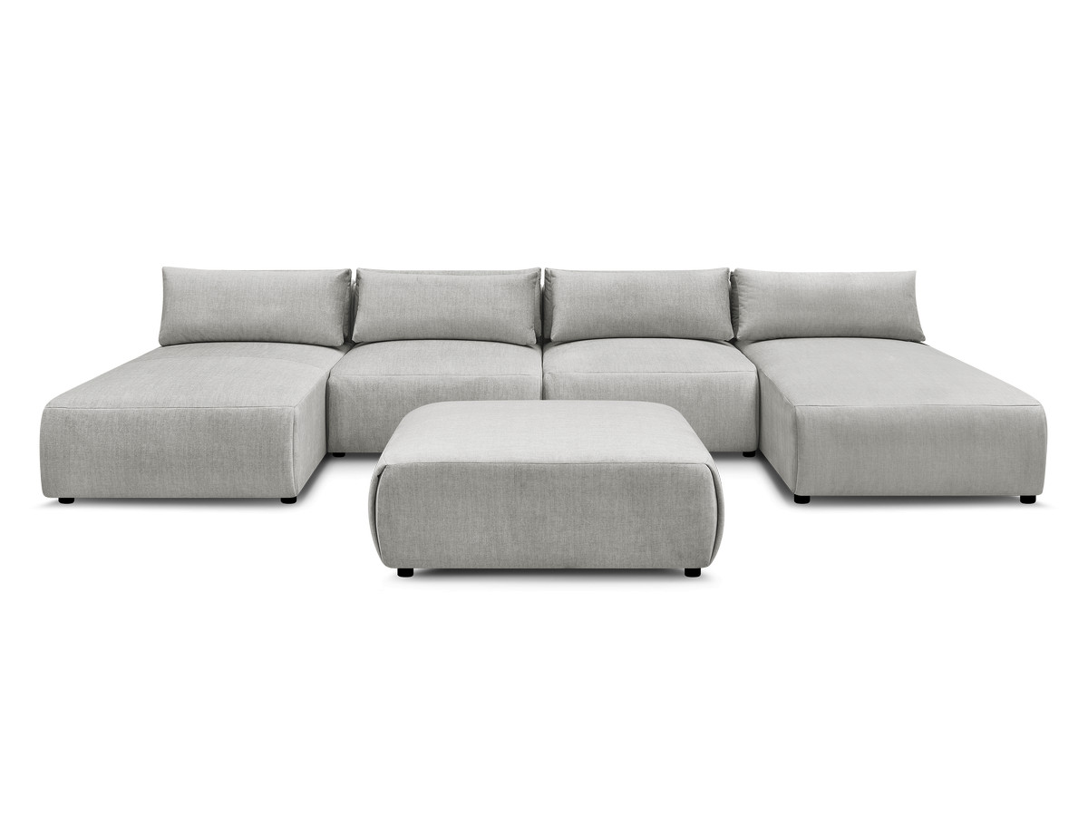 Modulaire vaste panoramabank met hoofdsteunen in JANA fluwelen stof met 2 chaise longues, 2 fauteuils en 1 grote poef