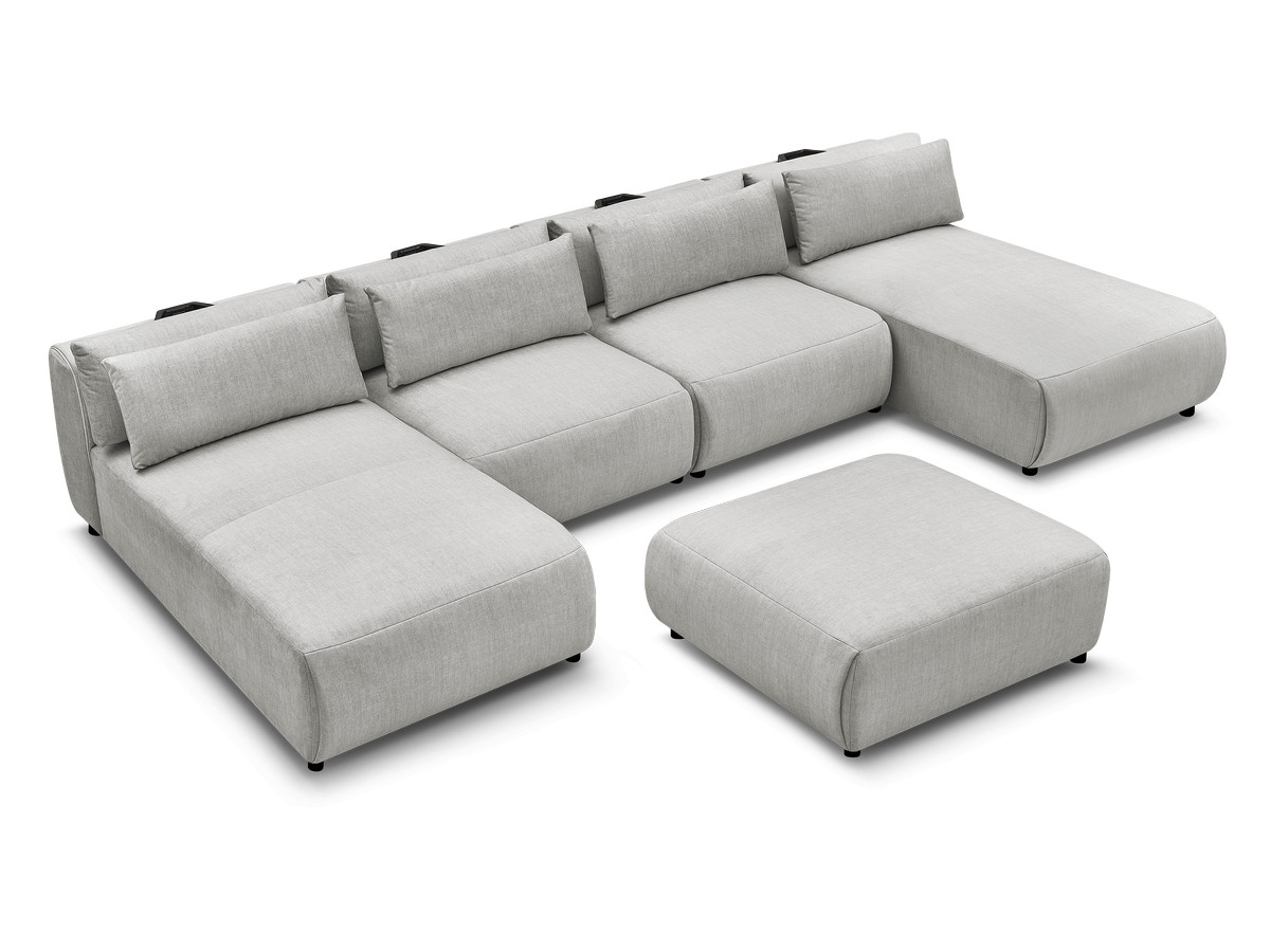 Modulaire vaste panoramabank met hoofdsteunen in JANA fluwelen stof met 2 chaise longues, 2 fauteuils en 1 grote poef