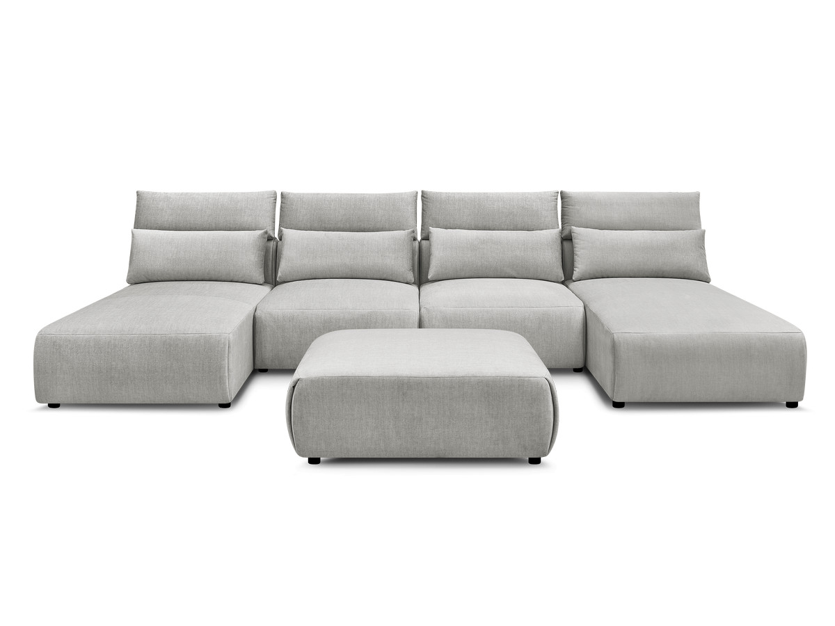 Modulaire vaste panoramabank met hoofdsteunen in JANA fluwelen stof met 2 chaise longues, 2 fauteuils en 1 grote poef