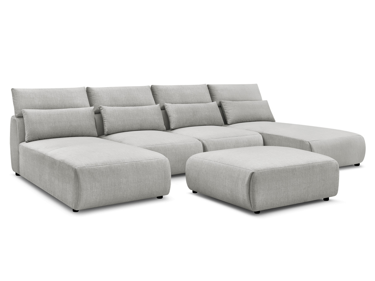 Modulaire vaste panoramabank met hoofdsteunen in JANA fluwelen stof met 2 chaise longues, 2 fauteuils en 1 grote poef
