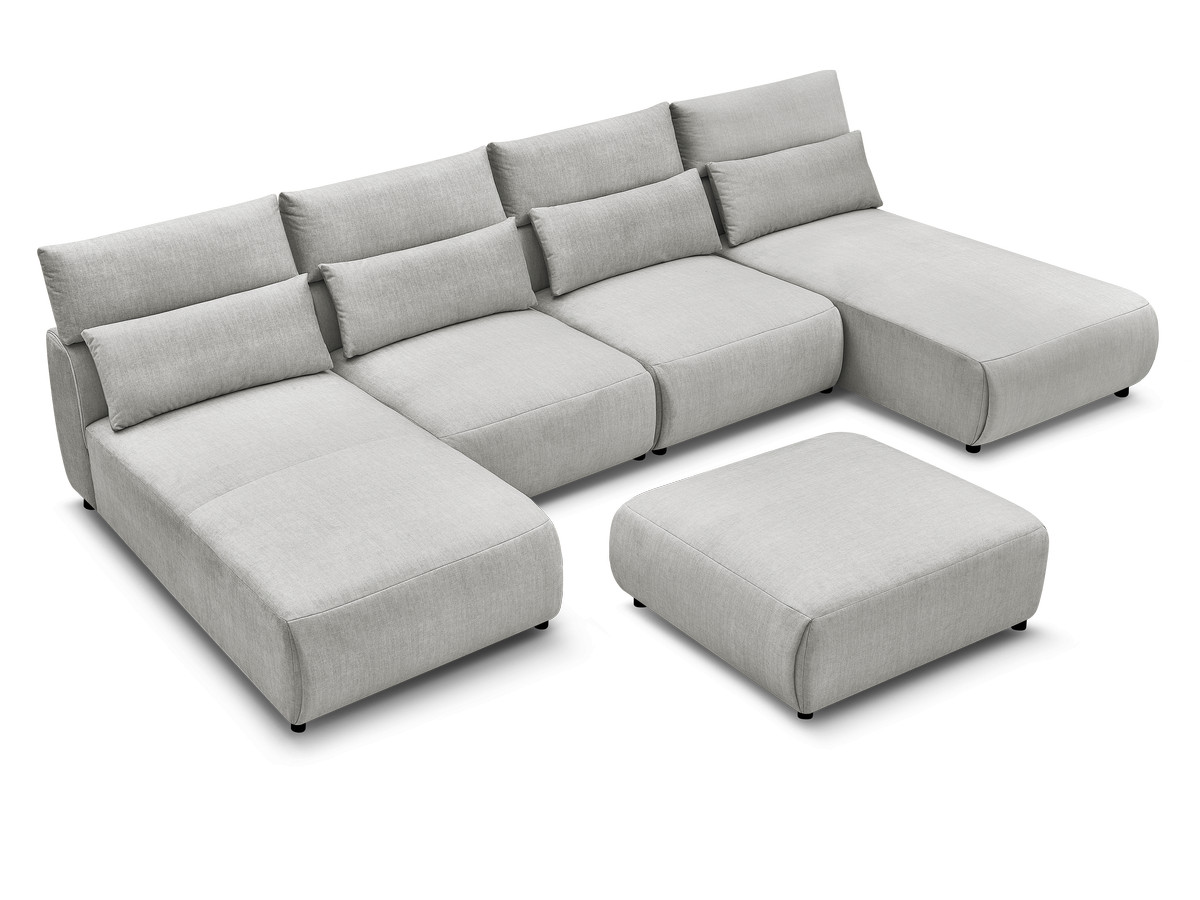 Modulaire vaste panoramabank met hoofdsteunen in JANA fluwelen stof met 2 chaise longues, 2 fauteuils en 1 grote poef
