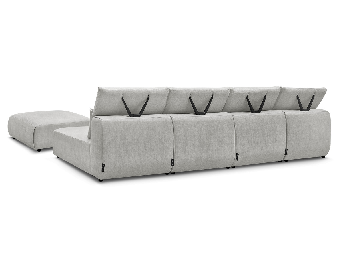 Modulaire vaste panoramabank met hoofdsteunen in JANA fluwelen stof met 2 chaise longues, 2 fauteuils en 1 grote poef