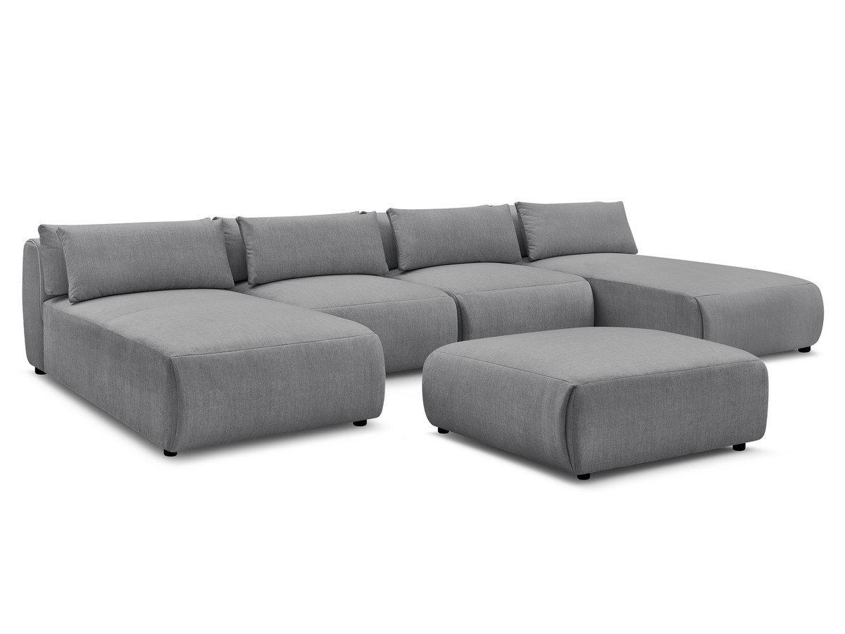 modulaire vaste panoramabank met hoofdsteunen in jana fluwelen stof met 2 chaise longues, 2 fauteuils en 1 grote poef gekleurd donkergrijs